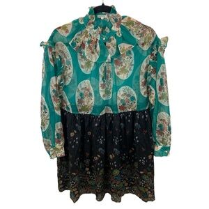 Manoush Sheer Ruffled Teal Green Black Floral Baby Doll Dress US 6 Silk Blend